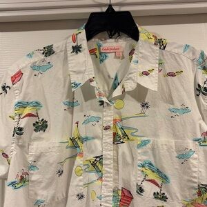 Fresh Produce Casual Beach-Print Short Sleeve Shirt - White size L new